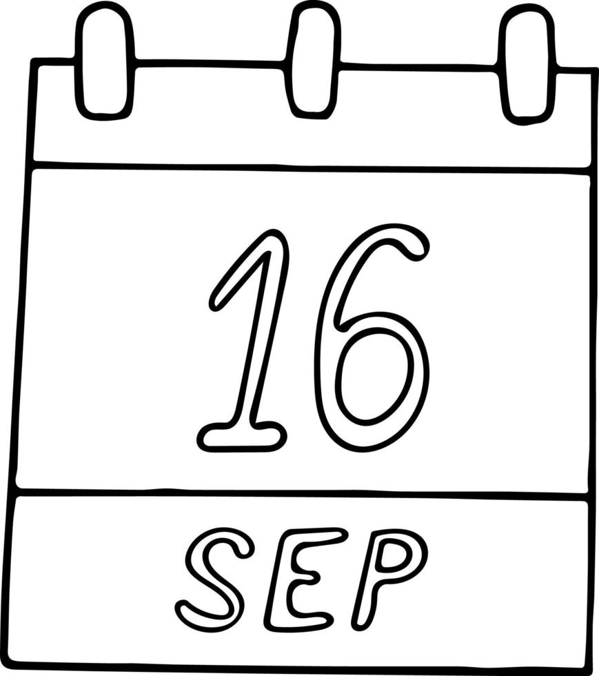 kalender hand dragen i klotter stil. september 16. internationell dag för de bevarande av de ozon lager, datum. ikon, klistermärke element för design. planera, företag Semester vektor