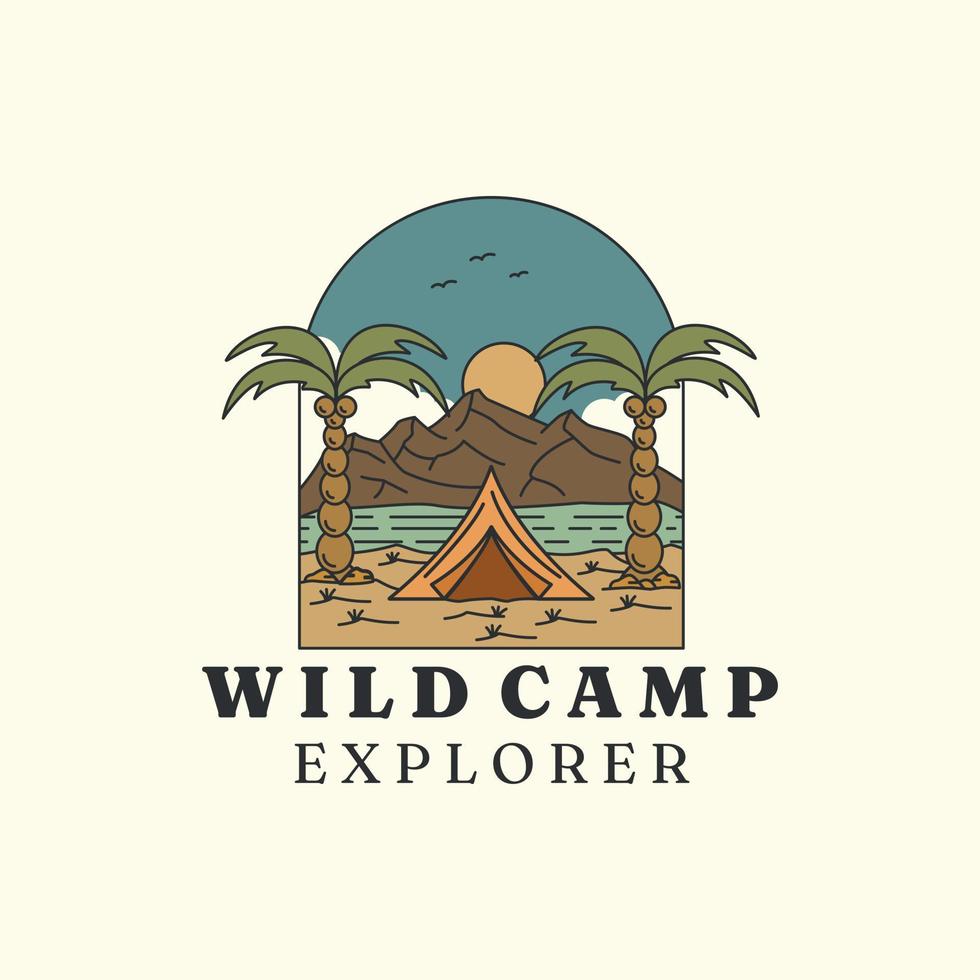 wildes Camp mit Logo-Vektor-Icon-Design im Vintage- und Emblem-Stil. berg, baum, flussschablonenillustration vektor