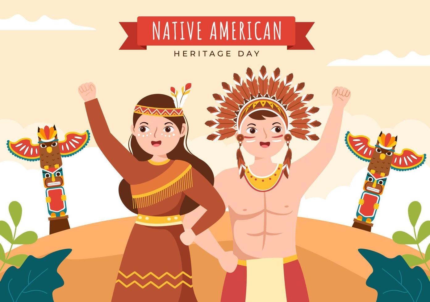 inföding amerikan arv dag mall hand dragen tecknad serie platt illustration till känna igen de prestationer och bidrag av stam- indisk kultur vektor