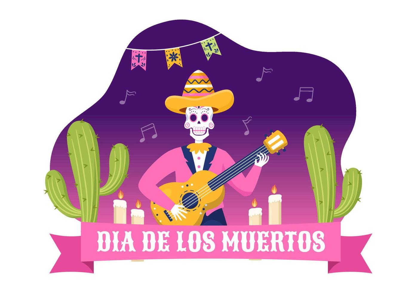 dia de los muertos eller dag av de död- mall hand dragen tecknad serie platt illustration mexikansk Semester festival med tatuering skallar, maracas och sombrero vektor