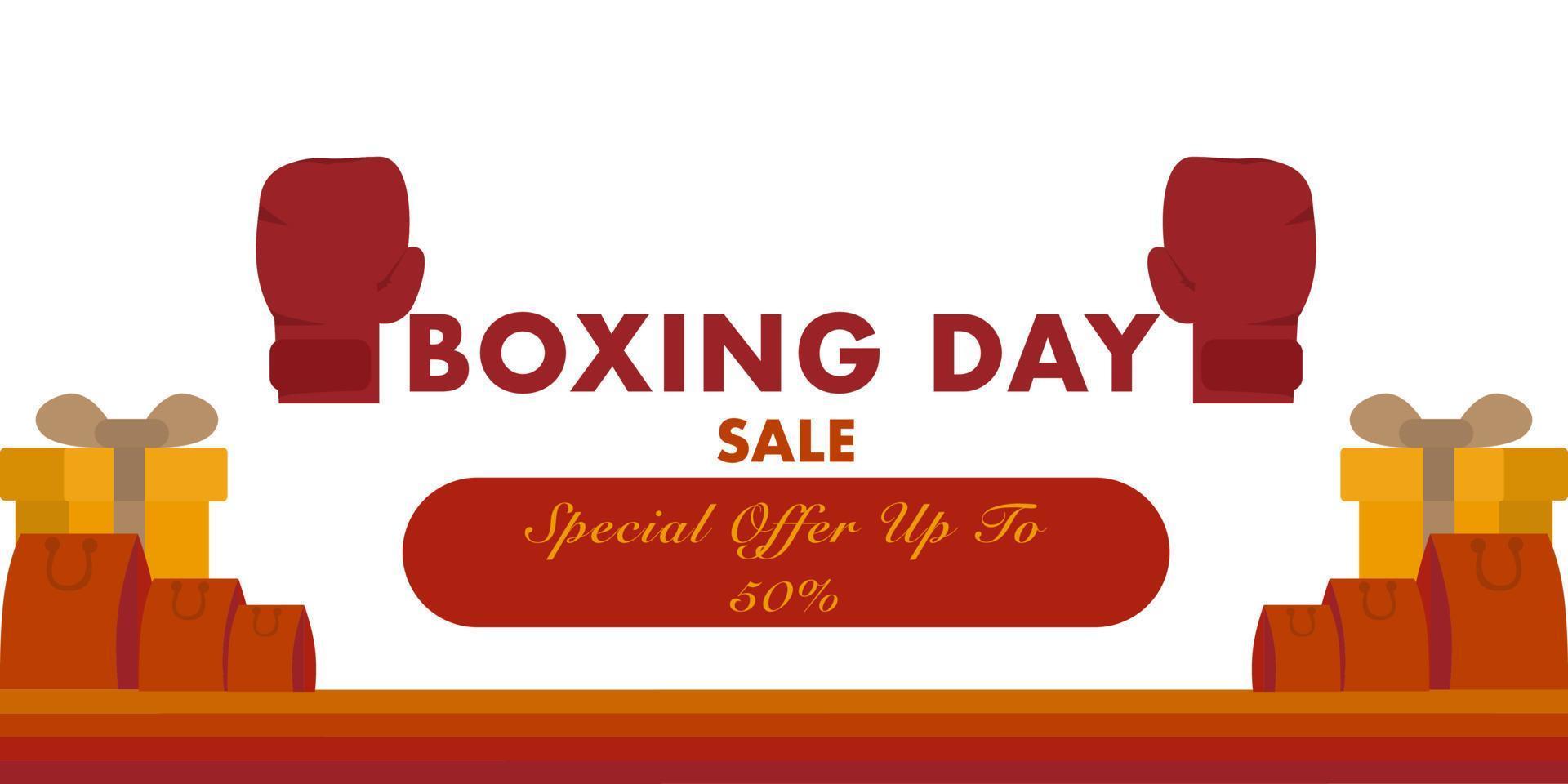 Boxing Day-Vektor-Illustration. Typografie kombiniert in Boxhandschuhen und Geschenkboxen, Einkaufsverpackungen für Sonderrabatte oder Sonderpreise vektor