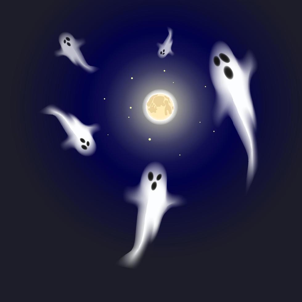 helloween spöken flygande under de full måne i de natt. vektor illustration. grafisk design.