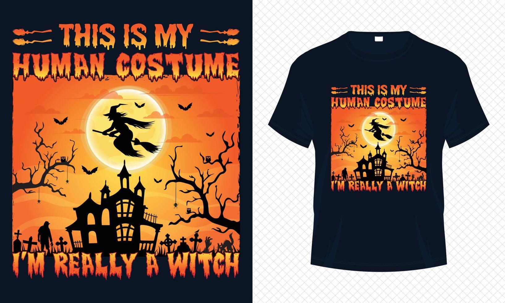 detta är min mänsklig kostym jag är verkligen en häxa - halloween t-shirt design. häxa t skjorta design för halloween dag. tryckbar halloween vektor design av hatt, häxa, fladdermus, kvastskaft, måne och skrämmande natt.