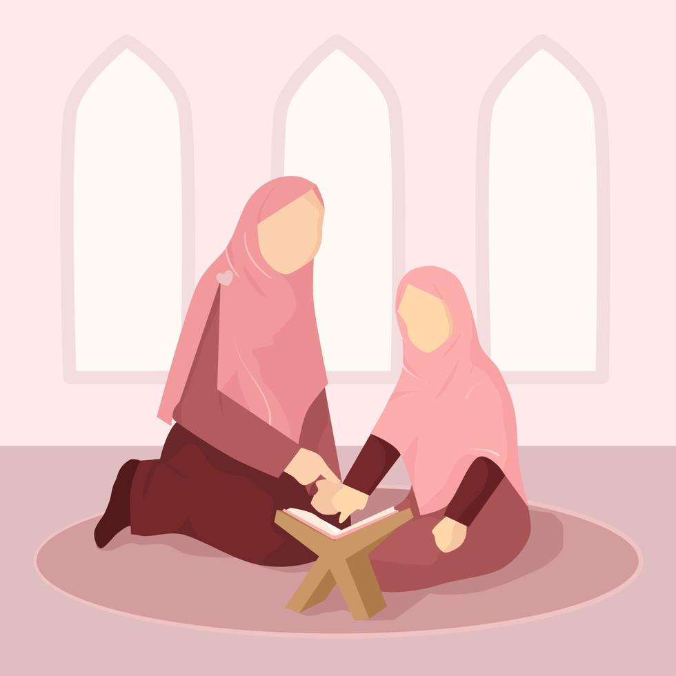 mor lära de dotter till läsning quran islamic illustration vektor