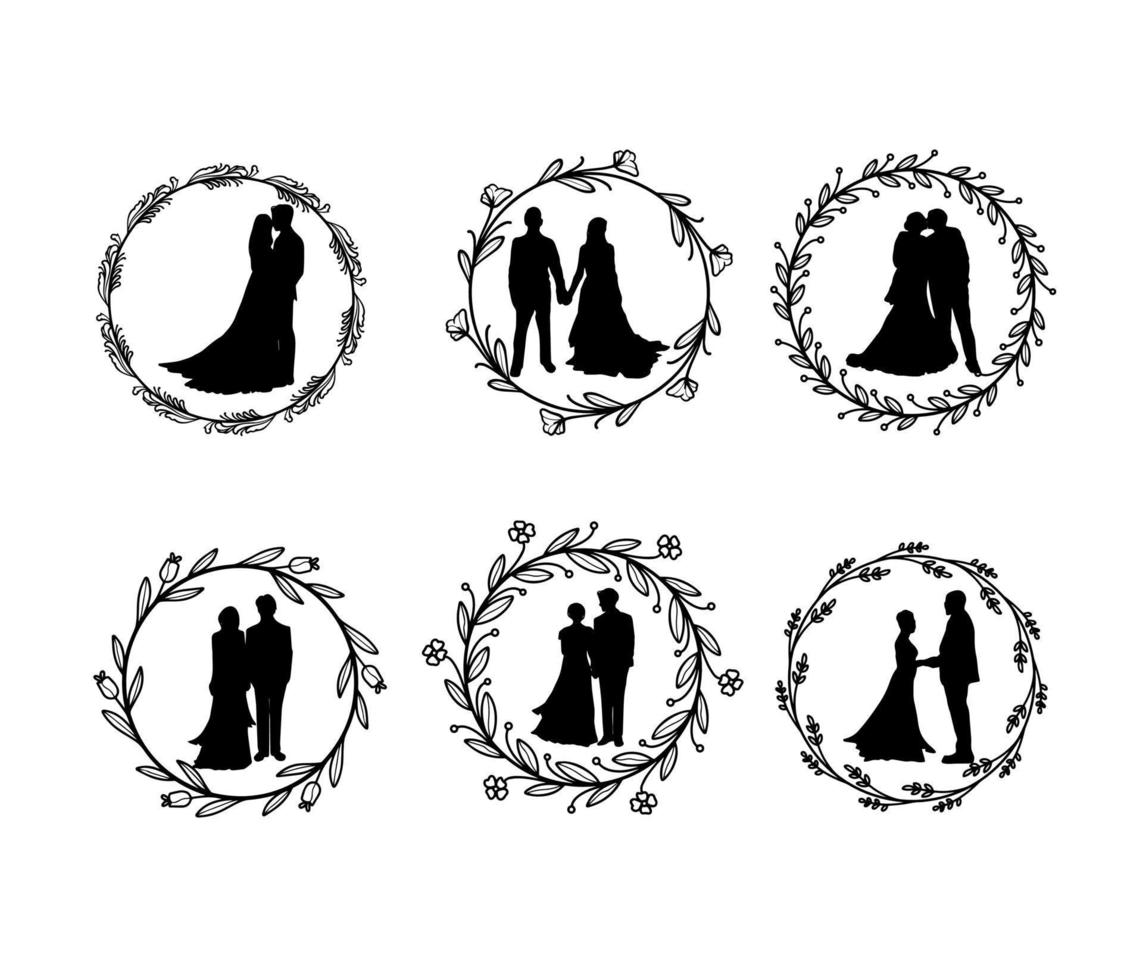 silhouette hochzeitspaar in rahmen kreis blumenelement sammlung vektor