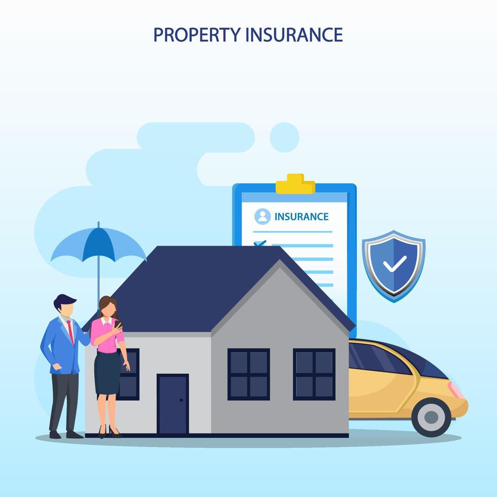 fast egendom försäkring begrepp, tillgångar, verklig egendom, skydd, försäkran, platt illustration vektor