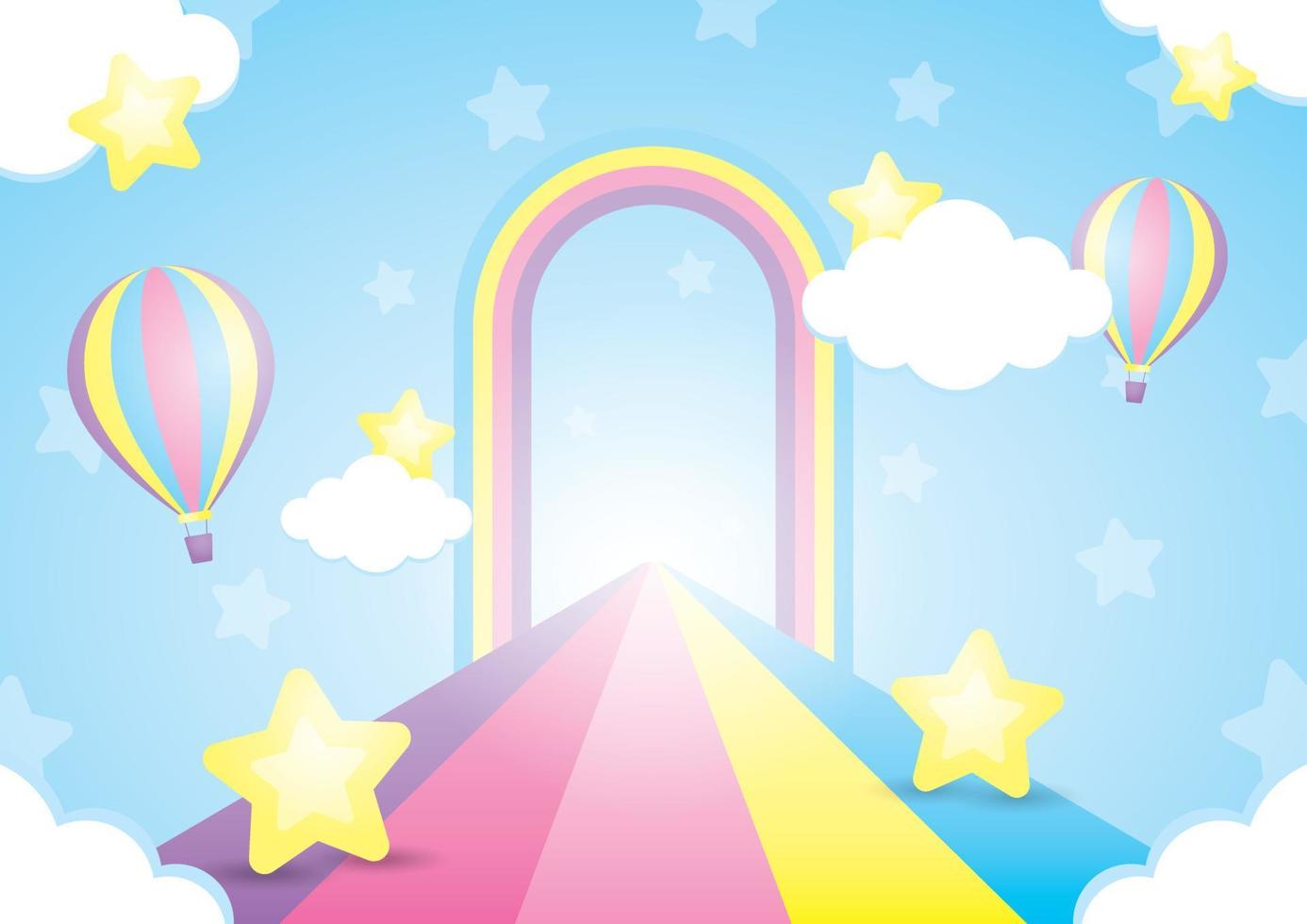 kawaii-stil regenbogenweg und bogen mit wolke und sternen auf blauem himmel 3d-illustrationsvektor vektor