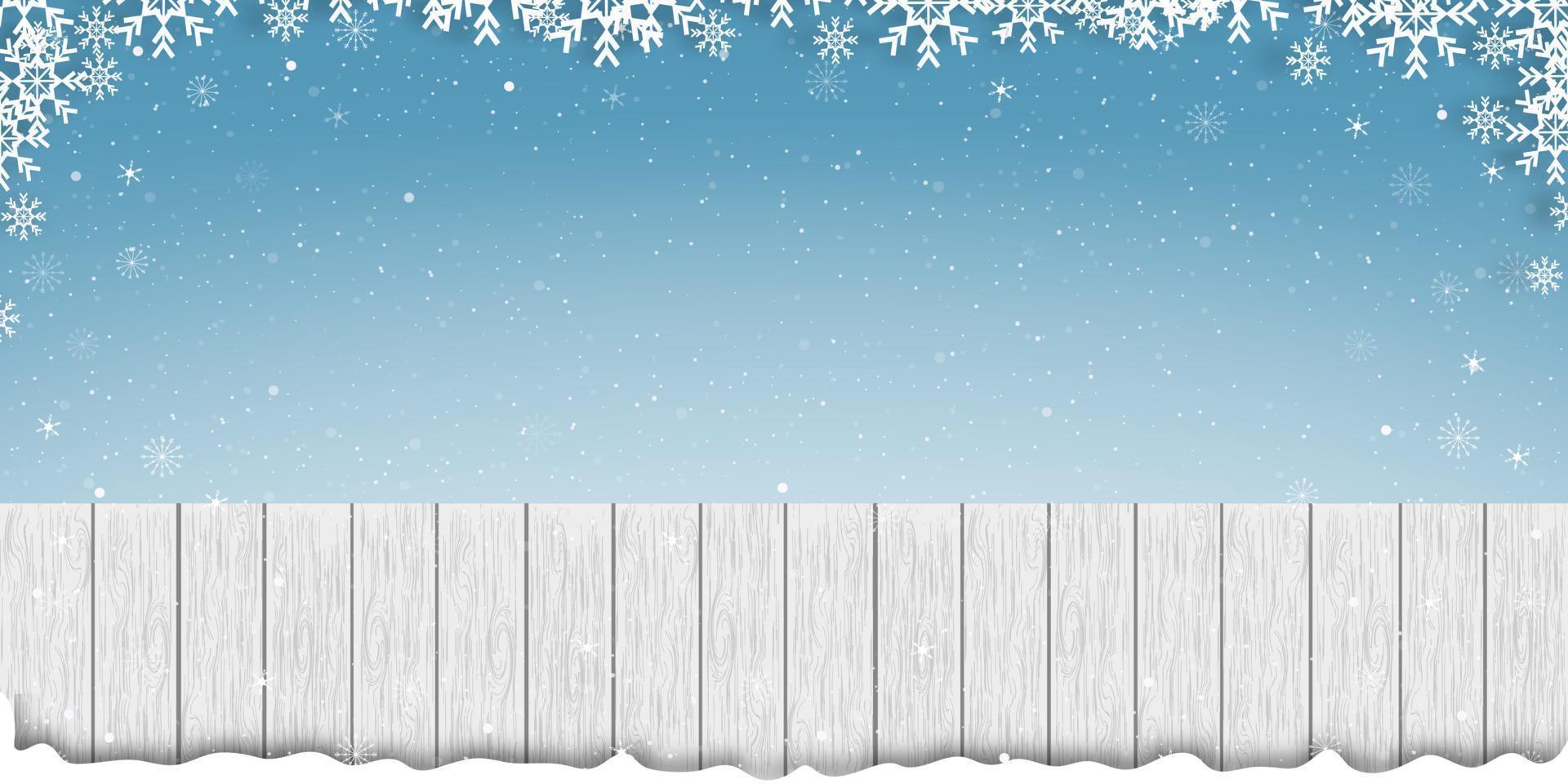 Weißes Holz mit Schneeflockenrahmen auf blauem Himmelshintergrund, Vektorbanner aus Holzstruktur mit Winterszene für Urlaubskulisse auf Weihnachts- und Neujahrsförderung oder Verkaufskonzept vektor