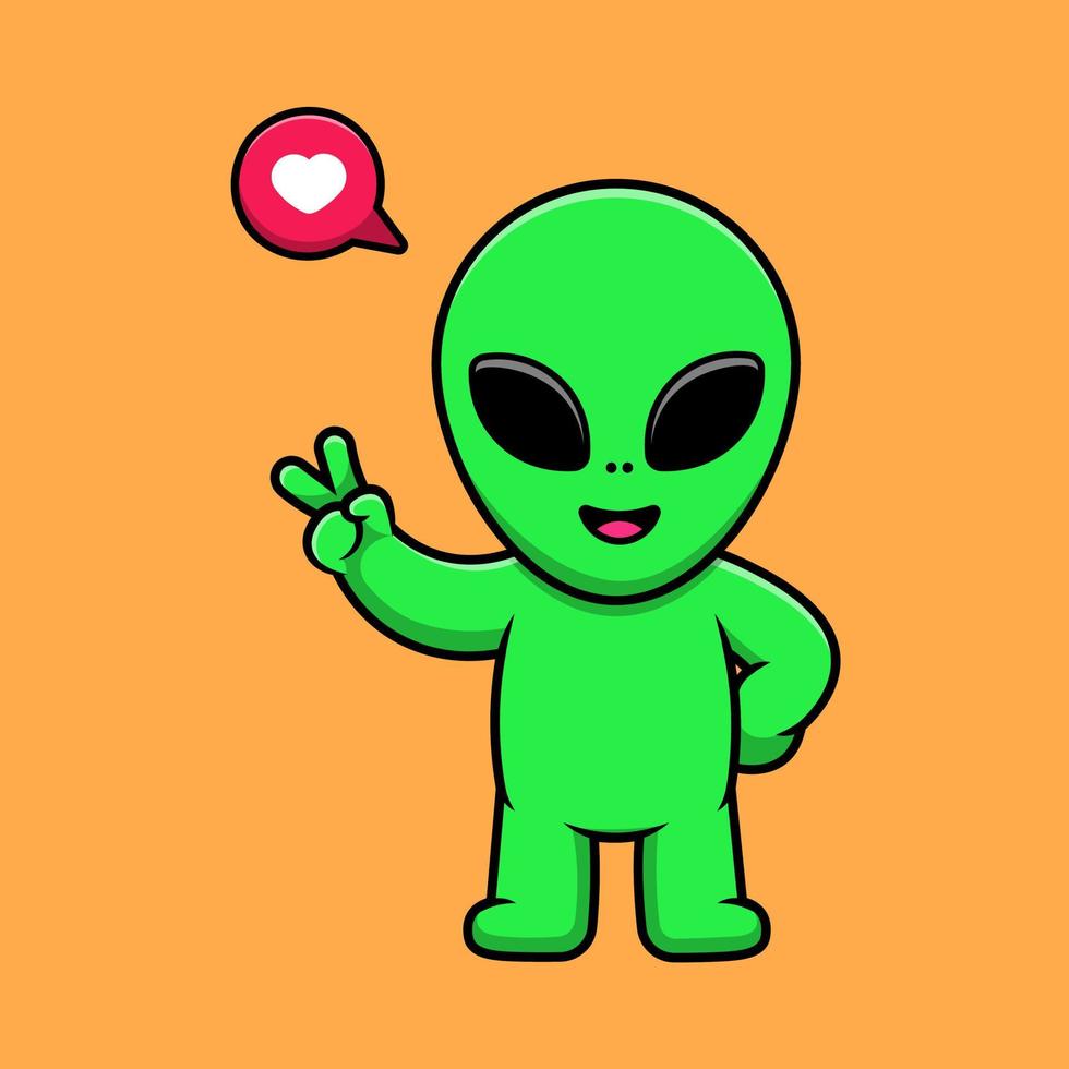 niedlicher alien mit friedenshand-cartoon-vektorsymbolillustration. flaches karikaturkonzept vektor