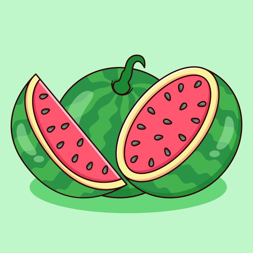 uppsättning av vattenmelon och skivad vattenmelon med tecknad serie stil illustration vektor