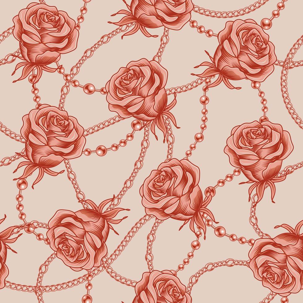 svartvit sömlös mönster med blek röd graverat rosor, metall kedjor, dollar tecken, strass på beige bakgrund. vektor illustration.