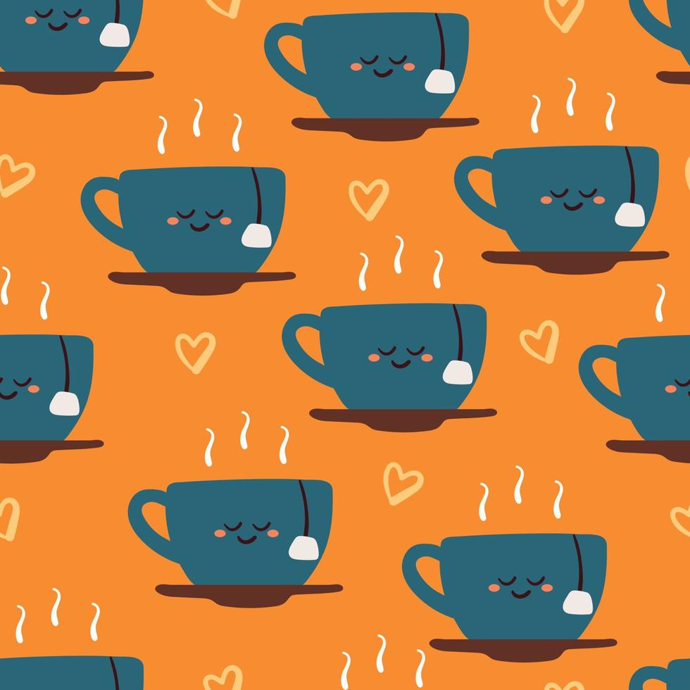 sömlös mönster tecknad serie söt kopp av te karaktär vektor