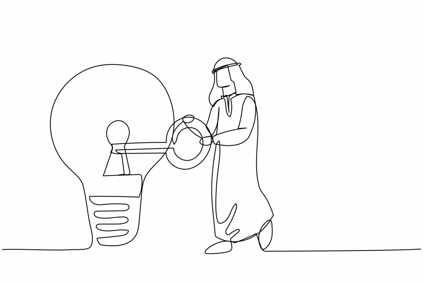 kontinuerlig ett linje teckning arab affärsman sätta stor nyckel in i ljus Glödlampa. låsa upp innovation på företag aning, uppfinna ny produkt eller kreativ tankar. enda linje dra design vektor illustration