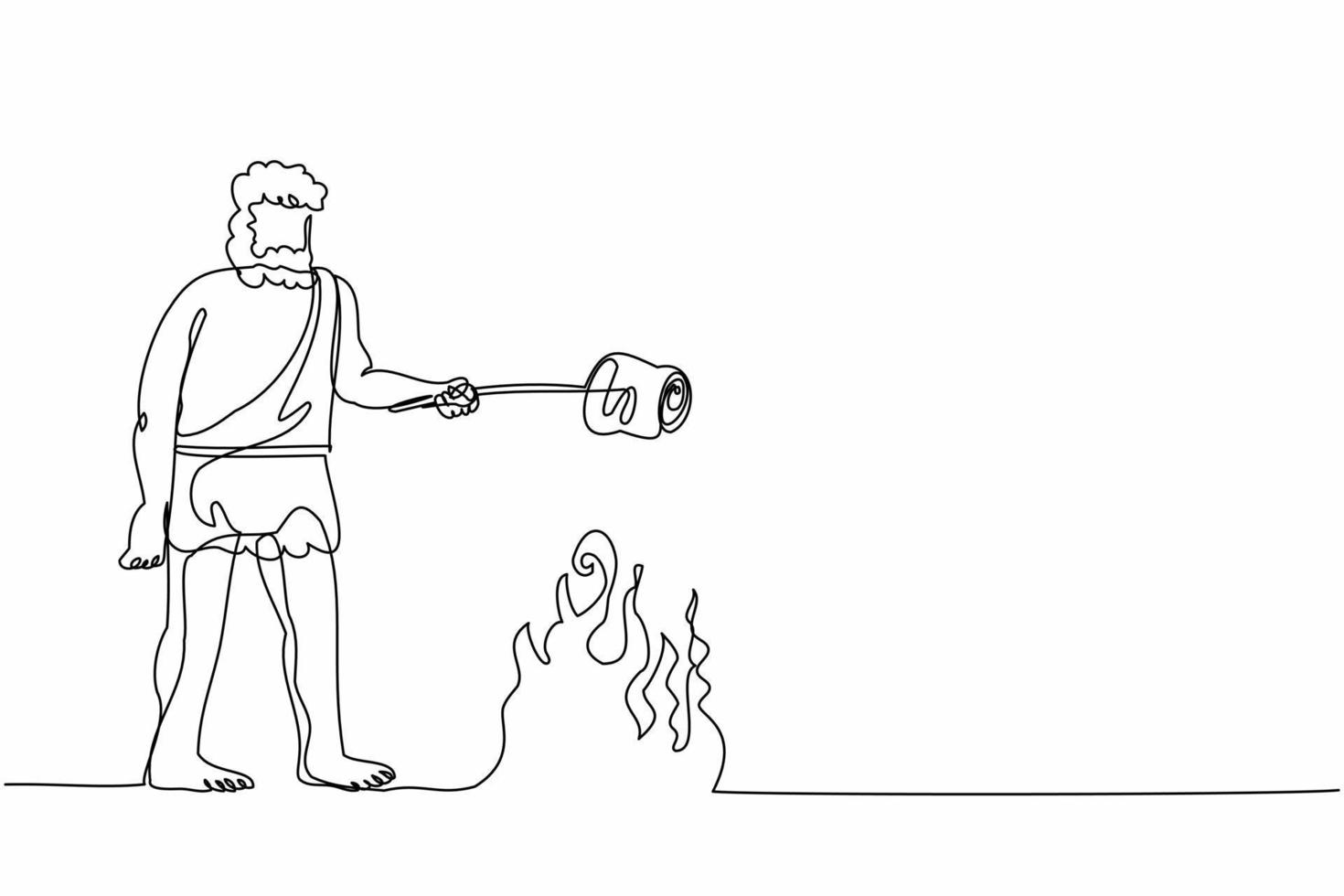 Einzelne durchgehende Linien zeichnen Höhlenmenschen und kochen Fleisch am Lagerfeuer. prähistorischer Mann steht und kocht Fleisch am Lagerfeuer. archaischer Mensch. eine linie zeichnen grafikdesign-vektorillustration vektor