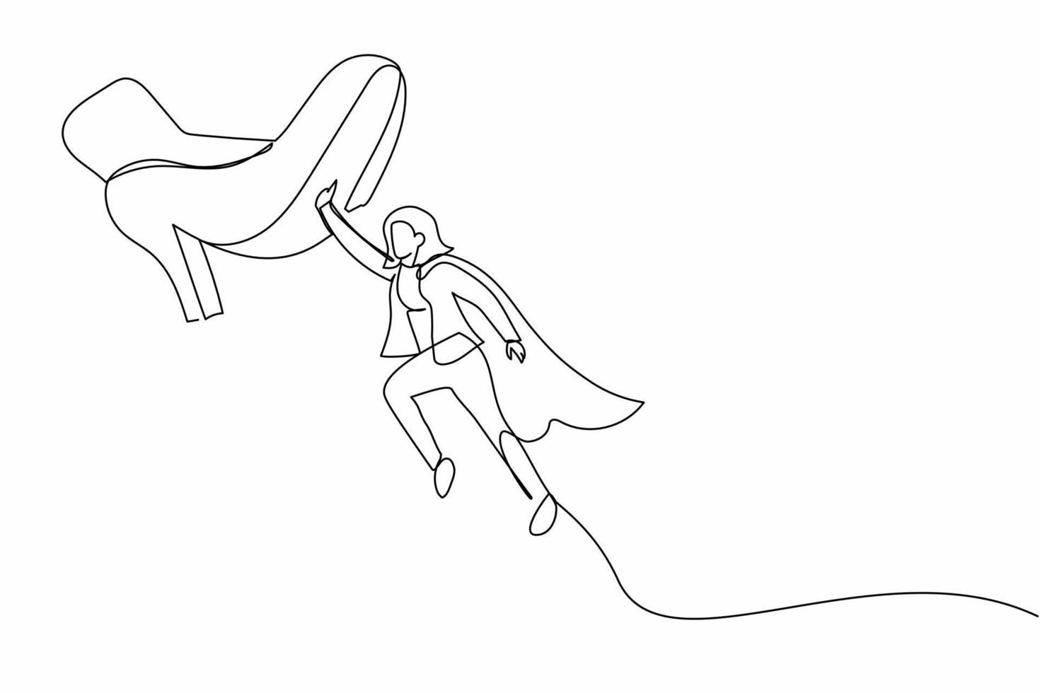 enda ett linje teckning ung affärskvinna flygande med hjälte kappor mot jätte skor trampande. kvinna chef flyga upp mot jätte fot steg. kontinuerlig linje dra design grafisk vektor illustration