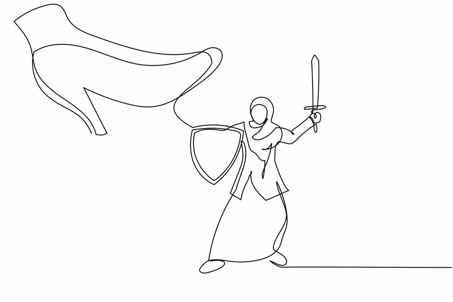 Eine einzelne Strichzeichnung der arabischen Geschäftsfrau kämpft mit Schild und Schwert gegen einen riesigen Fuß. Büroangestellter gegen Boss Big Shoe Stampfen. Minimale Metapher. grafische Vektorillustration des durchgehenden Liniendesigns vektor