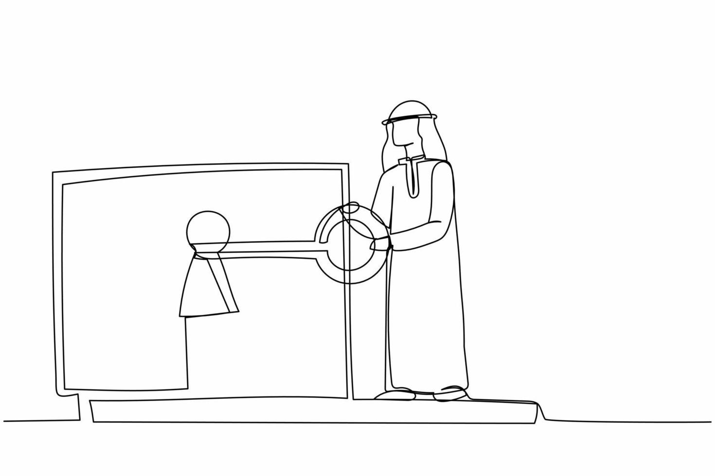 enda ett linje teckning arab affärsman sätta nyckel in i bärbar dator. skydd och säkerhet logga in. internet kryptering, tillgång till krypterad data. kontinuerlig linje dra design grafisk vektor illustration