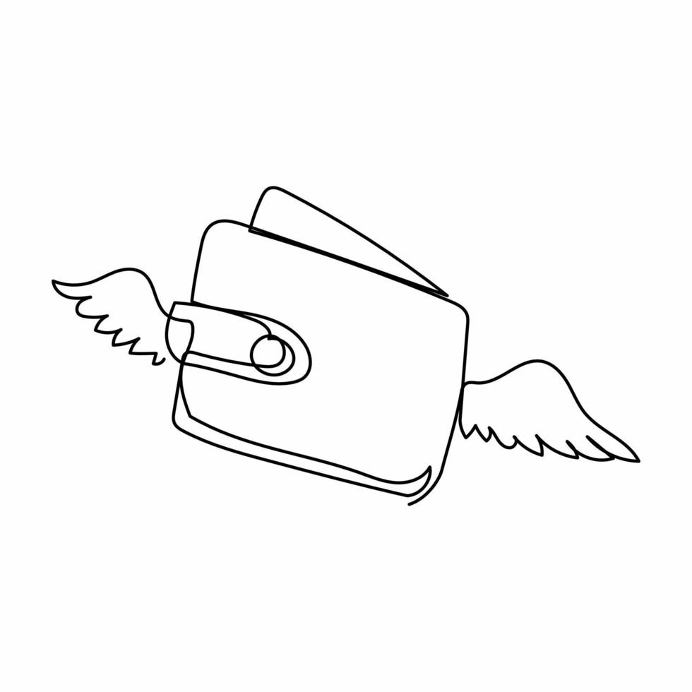 enda ett linje teckning flygande plånbok med vingar. förlorande pengar, överutgifter, konkurs. bevingad handväska logotyp maskot på vit bakgrund. modern kontinuerlig linje dra design grafisk vektor illustration