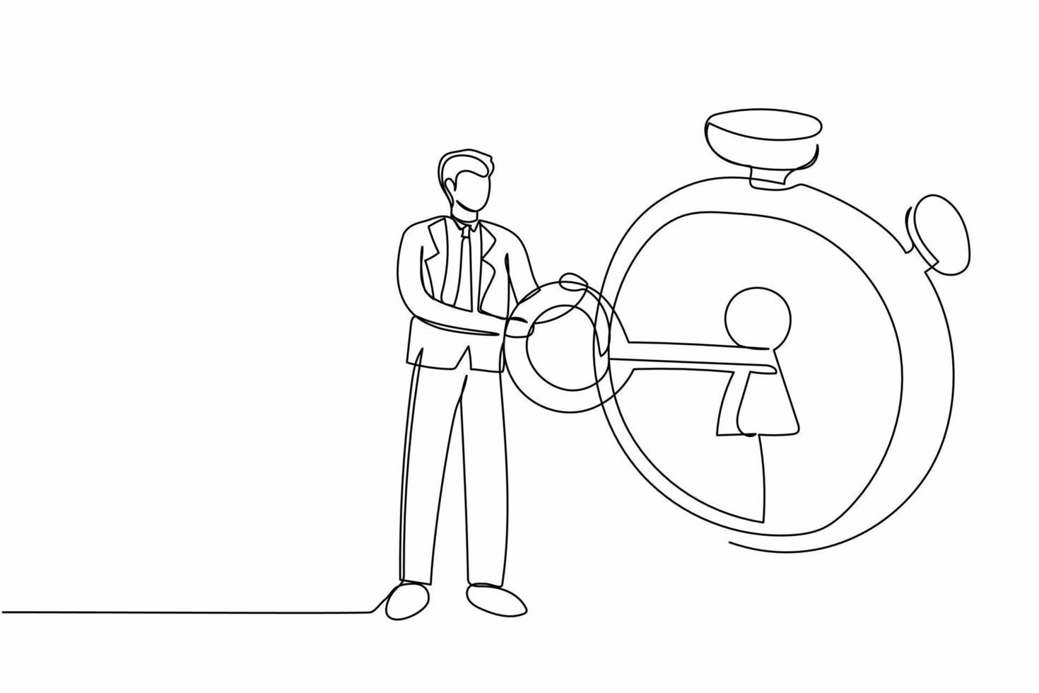 kontinuerlig ett linje teckning affärsman sätta stor nyckel in i stoppur. tid förvaltning begrepp. effektiv planera för produktiv arbete, deadline. enda linje dra design vektor grafisk illustration