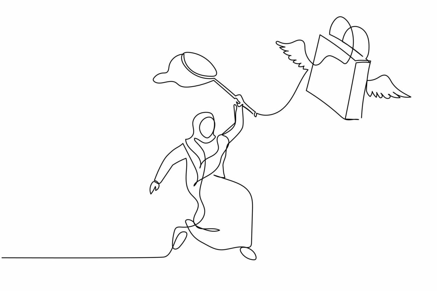 enda kontinuerlig linje teckning arab affärskvinna Prova till fångst flygande handla väska med fjäril netto. detaljhandeln Lagra försäljning nedgång på grund av till ekonomisk kris. ett linje grafisk design vektor illustration