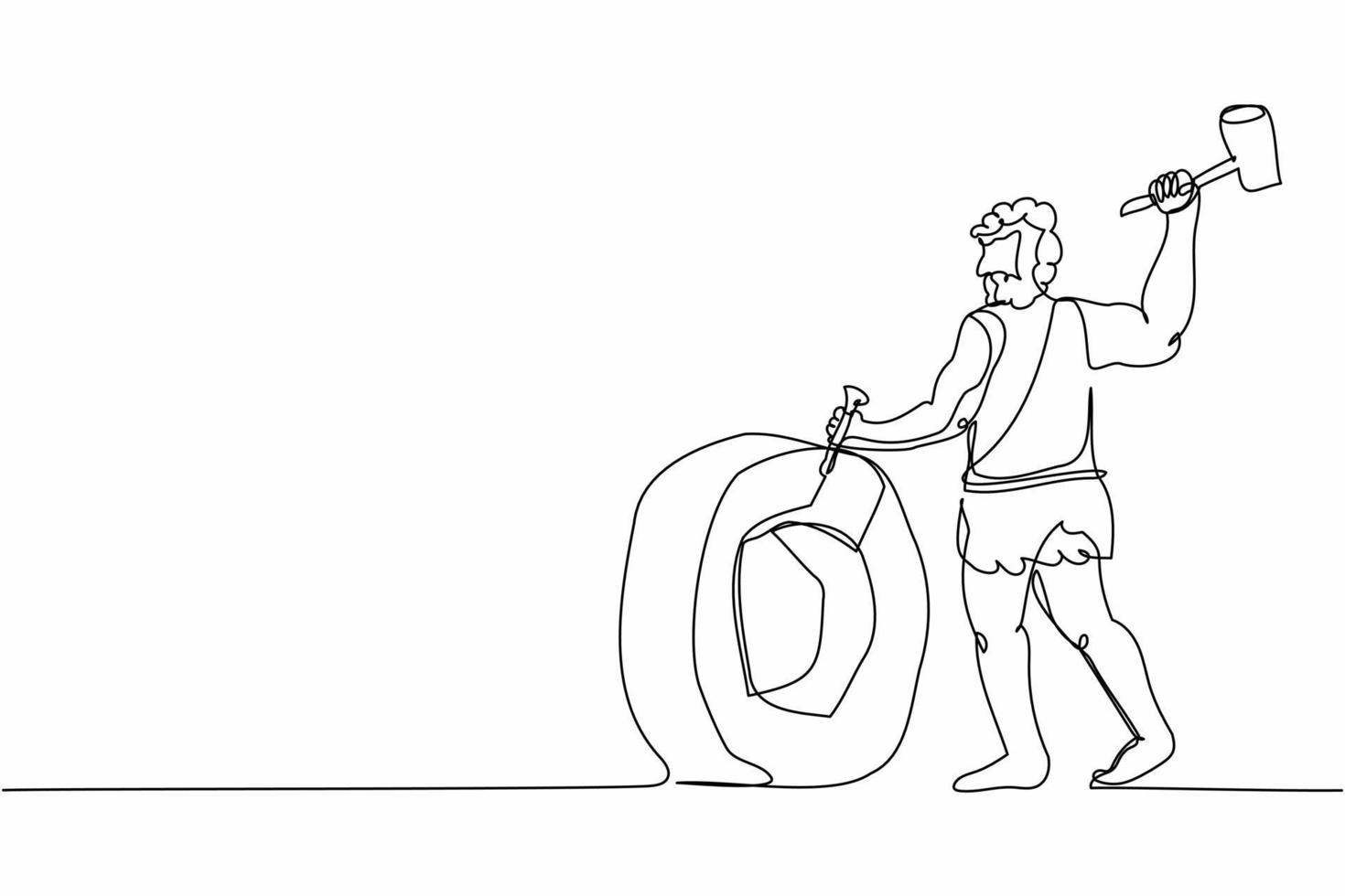 ein einzeiliger Höhlenmensch, der das Rad erfindet. prähistorische Urmenschenkomposition mit uraltem menschlichem Rollrad aus Stein. ununterbrochene Linie zeichnen grafische Vektorillustration des Designs vektor
