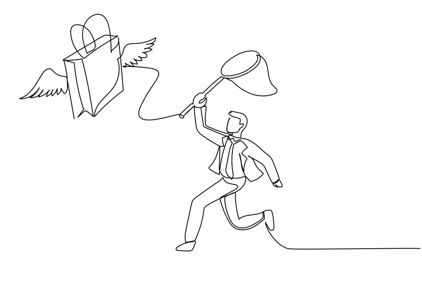 kontinuierliche einzeilige zeichnung geschäftsmann versuchen, fliegende einkaufstasche mit schmetterlingsnetz zu fangen. kommerzielles einzelhandelsmode- und make-up-einkaufskonzept. Vektorgrafik-Illustration für einzeiliges Design vektor