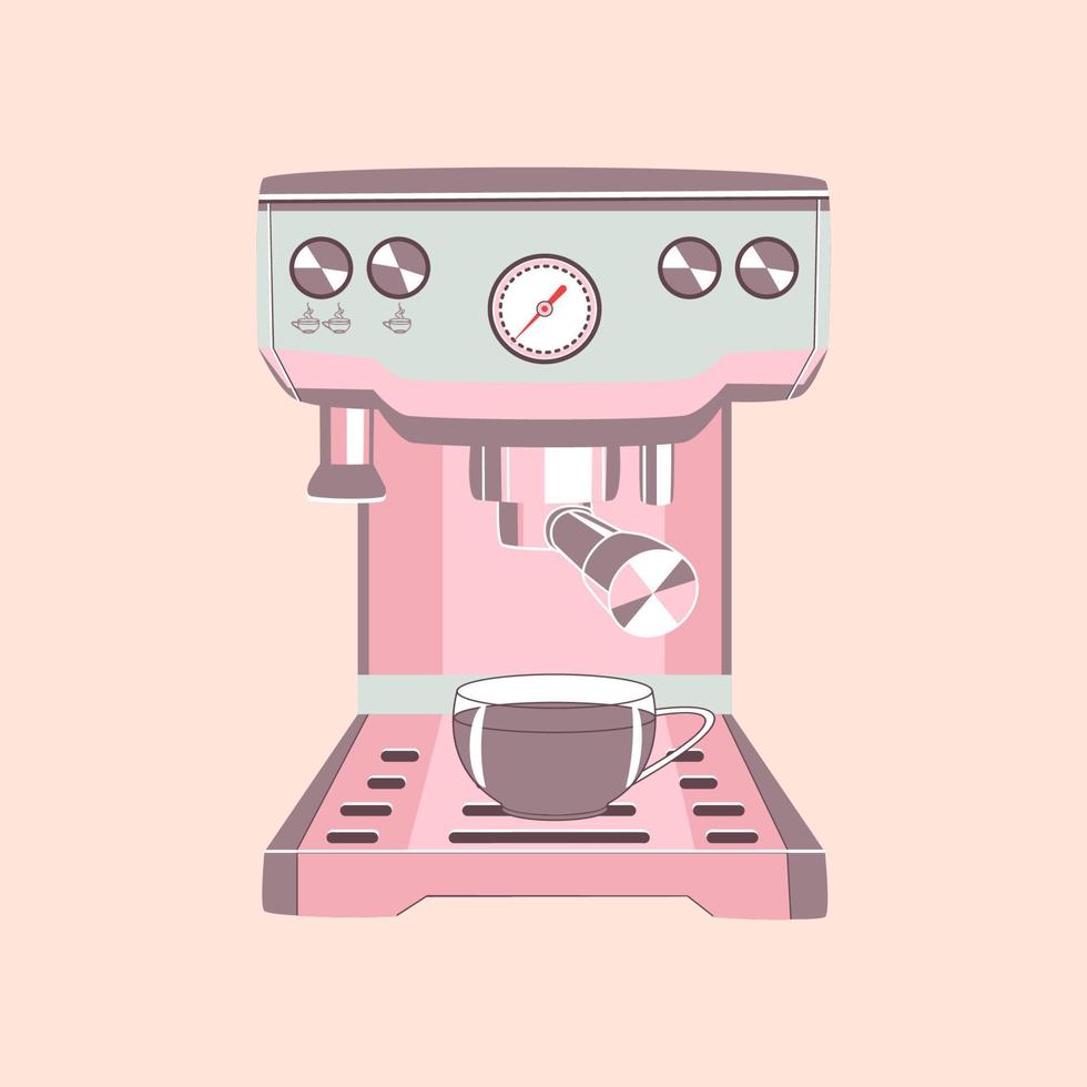 rosa kaffeemaschine mit einer tasse kaffee in flacher technik auf beigem hintergrund vektor