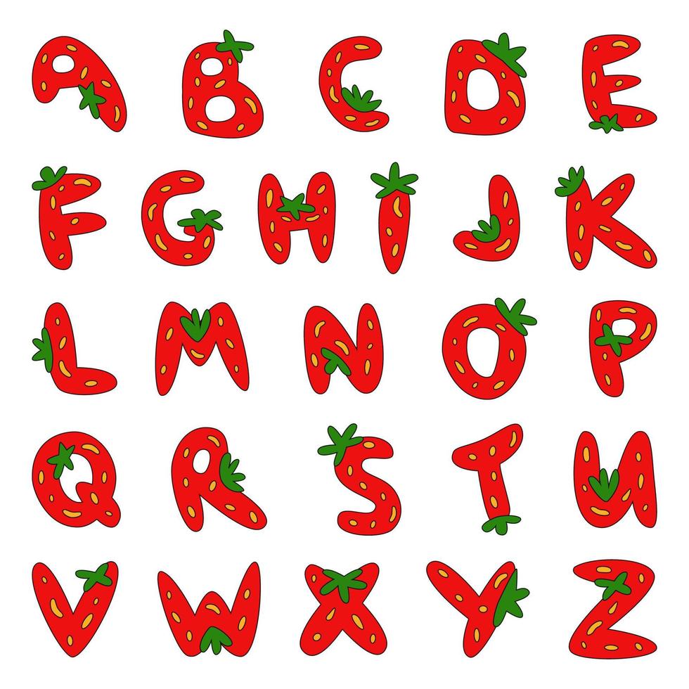 erdbeere schrift. Beeren-Alfabet. Briefe aus roten Früchten. weiche lustige cartoon handgezeichnete kinder helle vektorillustration für beschriftungen vektor