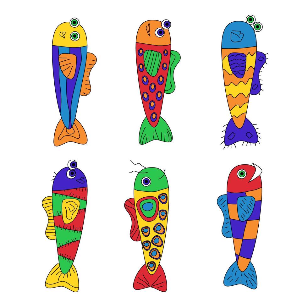 satz lustige stilisierte fische, sechs bunte abstrakte dekorative zierfische für kinder verspieltes design druckkartenplakate vektorillustration vektor
