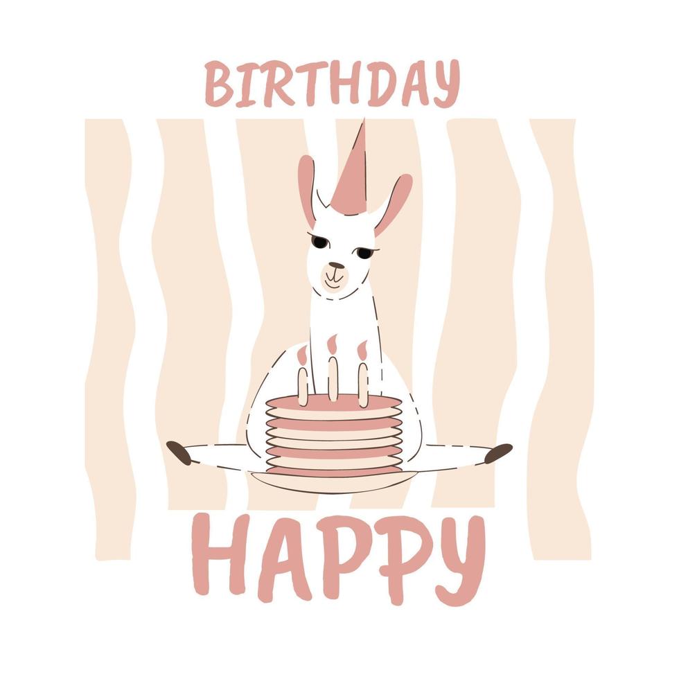 Lycklig födelsedag mjuk färger kort med lama i födelsedag keps och kaka vektor illustration