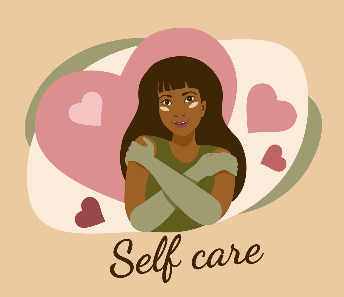 self care cartoon gebräuntes junges mädchen in handschuhen, die sich mit herzen auf hintergrundkartenplakatkonzept umarmen. Selbstpflegetext. liebe dich selbst vektorillustration. vektor