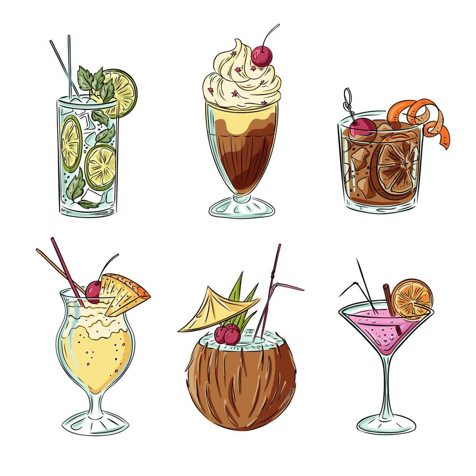 sommerliche alkoholische getränke mit früchten. stilvolle handgezeichnete set-cocktails vektor