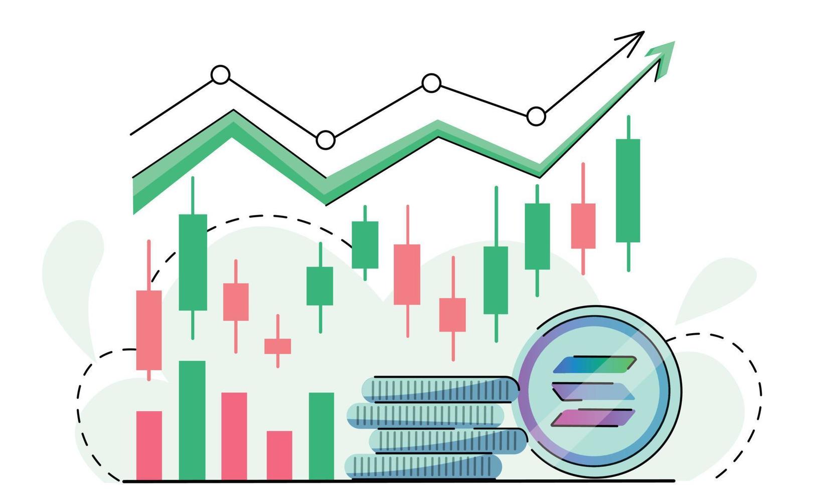 solana mynt tillväxt trend crypto hausse Vinka i de kryptovaluta marknadsföra. pris stiga, tjur marknadsföra. Bra tillväxt trend. grön pil och mynt med logotyp sol. vektor isolerat på vit