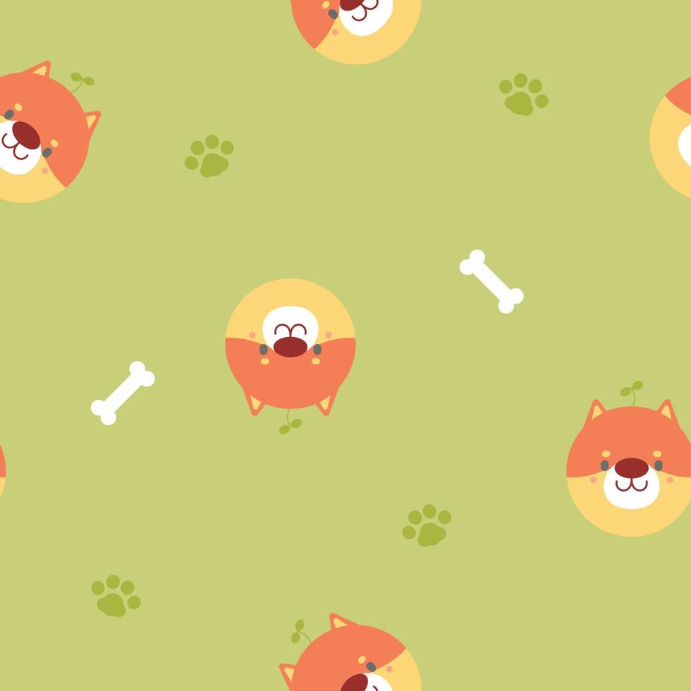 Nahtloses süßes Tierhaustier Shiba Inu Hund Wiederholungsmuster mit Knochen, Fußabdruck im flachen Vektorillustrations-Zeichentrickfilm-Charakterdesign des grünen Hintergrundes vektor