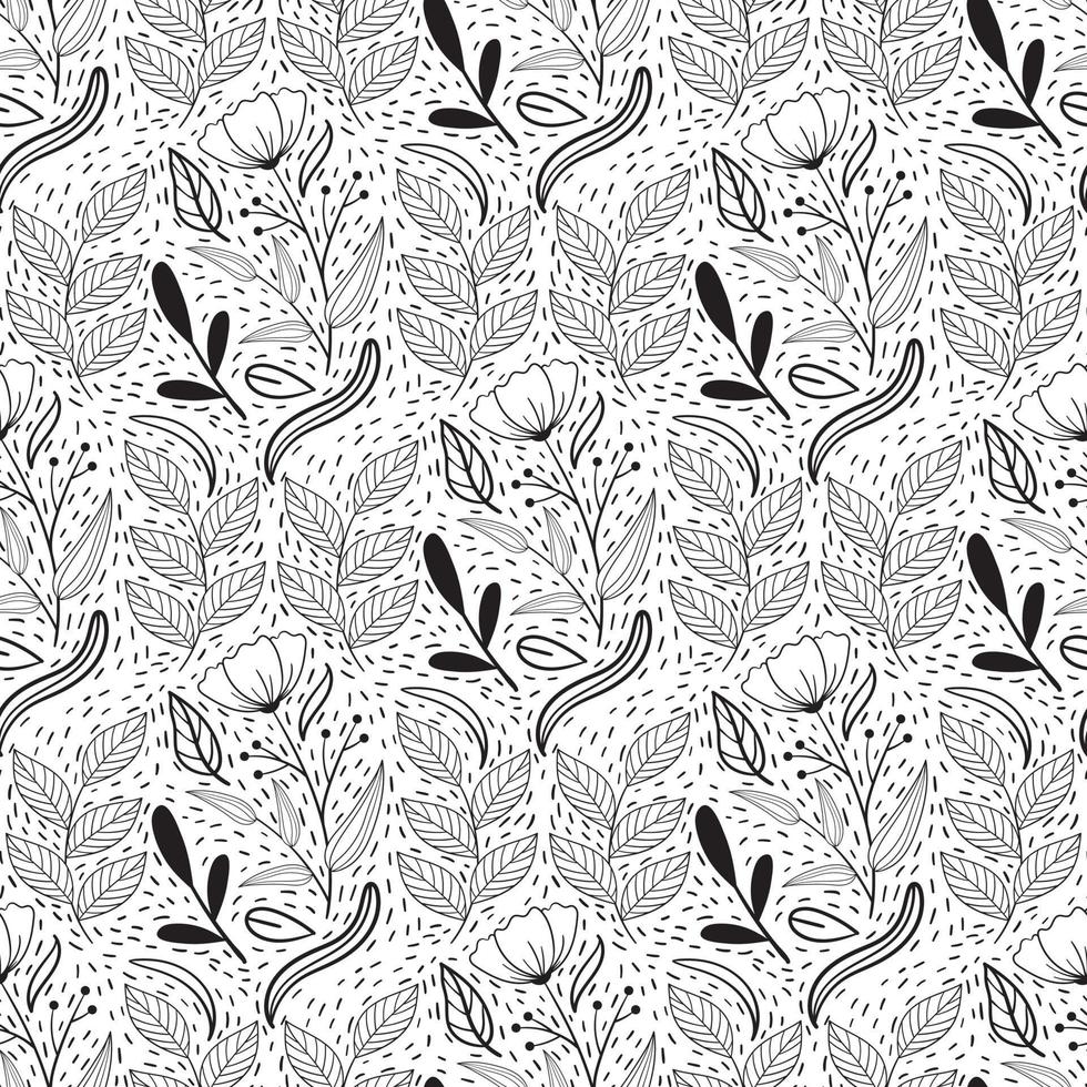 florales, nahtloses Muster in schwarz-weißer Linienart mit Damastfliesenmotiv. Gekritzelblumen Textildruck. Vintage Naturgrafik. Blume mit Beeren und Blättern vektor