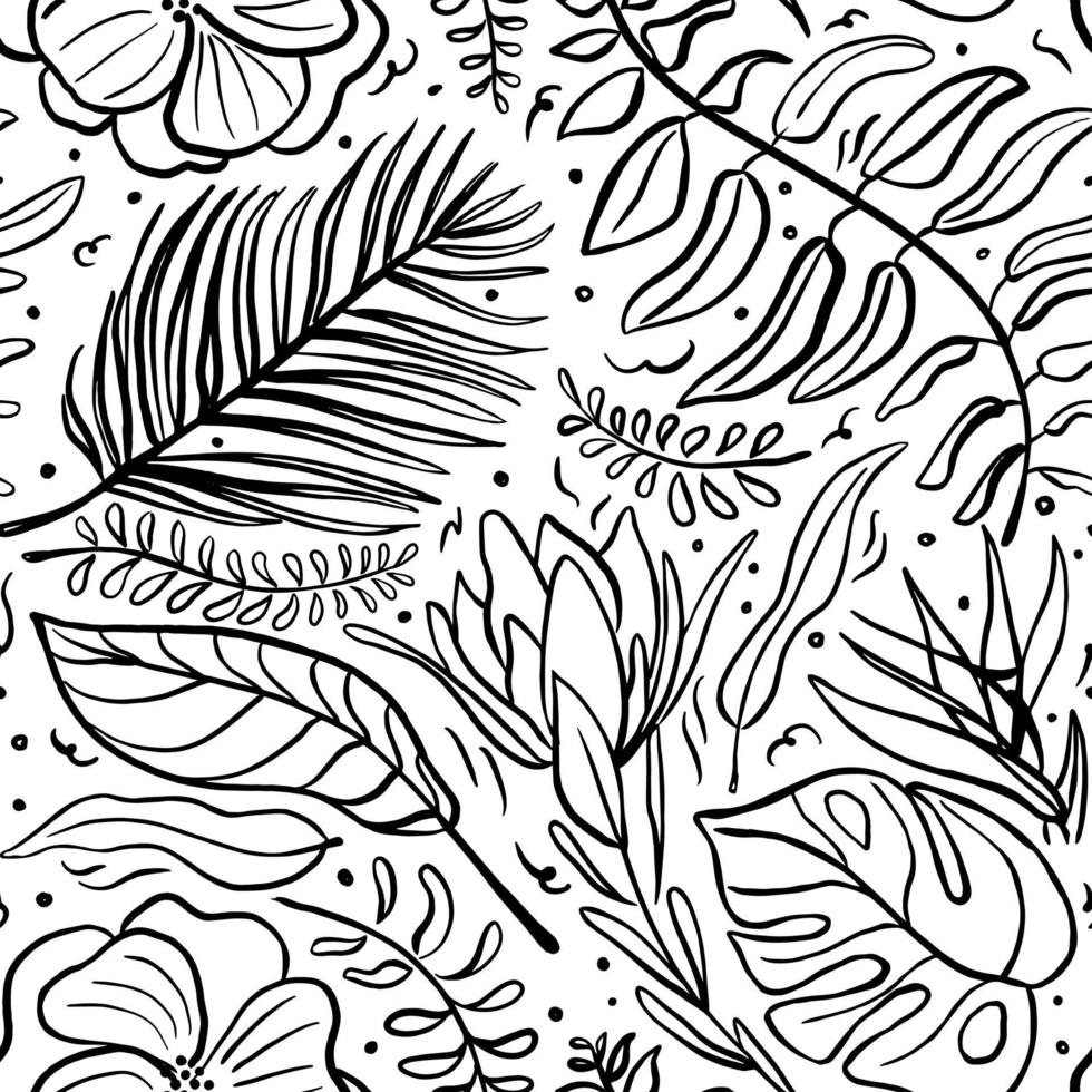 tropisk bakgrund med djungel växter. vektor sömlös mönster med exotisk löv och blommor. regnskog. exotisk hawaiian djungel, sommartid stil. svartvit illustration.