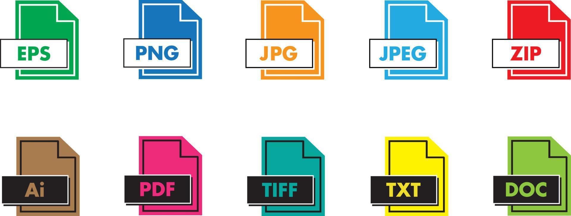 Dateityp-Icon-Set. Format von Dokumenten. Dateierweiterungen. farbiger dateityp und dokument im flachen stil. Symbole zum Download vektor