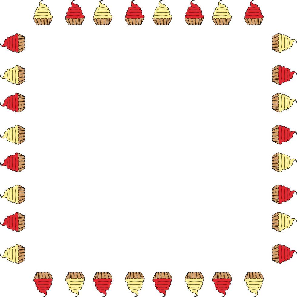 quadratischer rahmen mit kuchenkörben mit roter und gelber creme. isolierter Rahmen auf weißem Hintergrund. Vektorbild. Süßes Essen. vektor