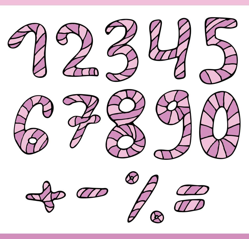 Set mit hellrosa und lila Doodle-Zahlen auf weißem Hintergrund. Vektorbild. vektor