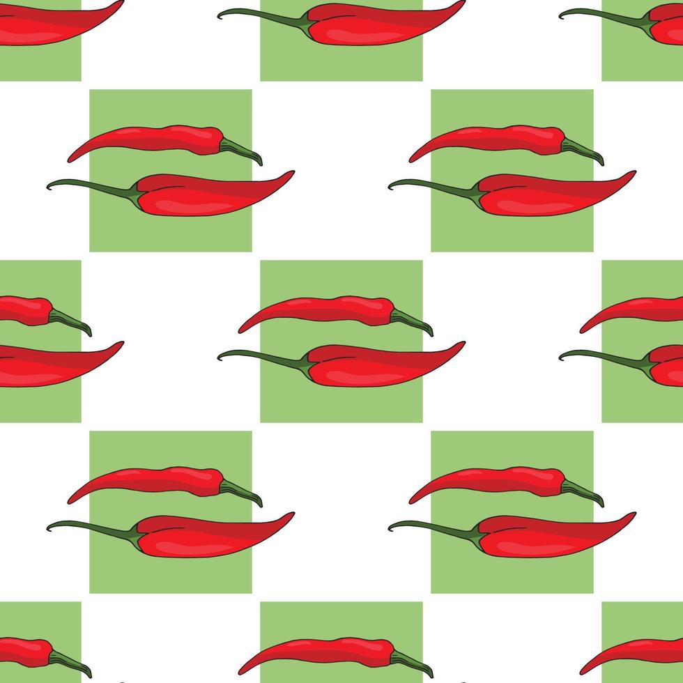 Nahtloses Muster aus roten scharfen Chilischoten und grünen Quadraten. endloser Hintergrund für Ihr Design. Vektorbild. vektor