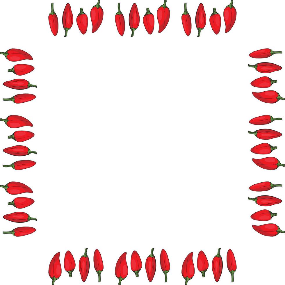 quadratischer Rahmen aus roten Peperoni auf weißem Hintergrund. isolierter Rahmen für Ihr Design. vektor