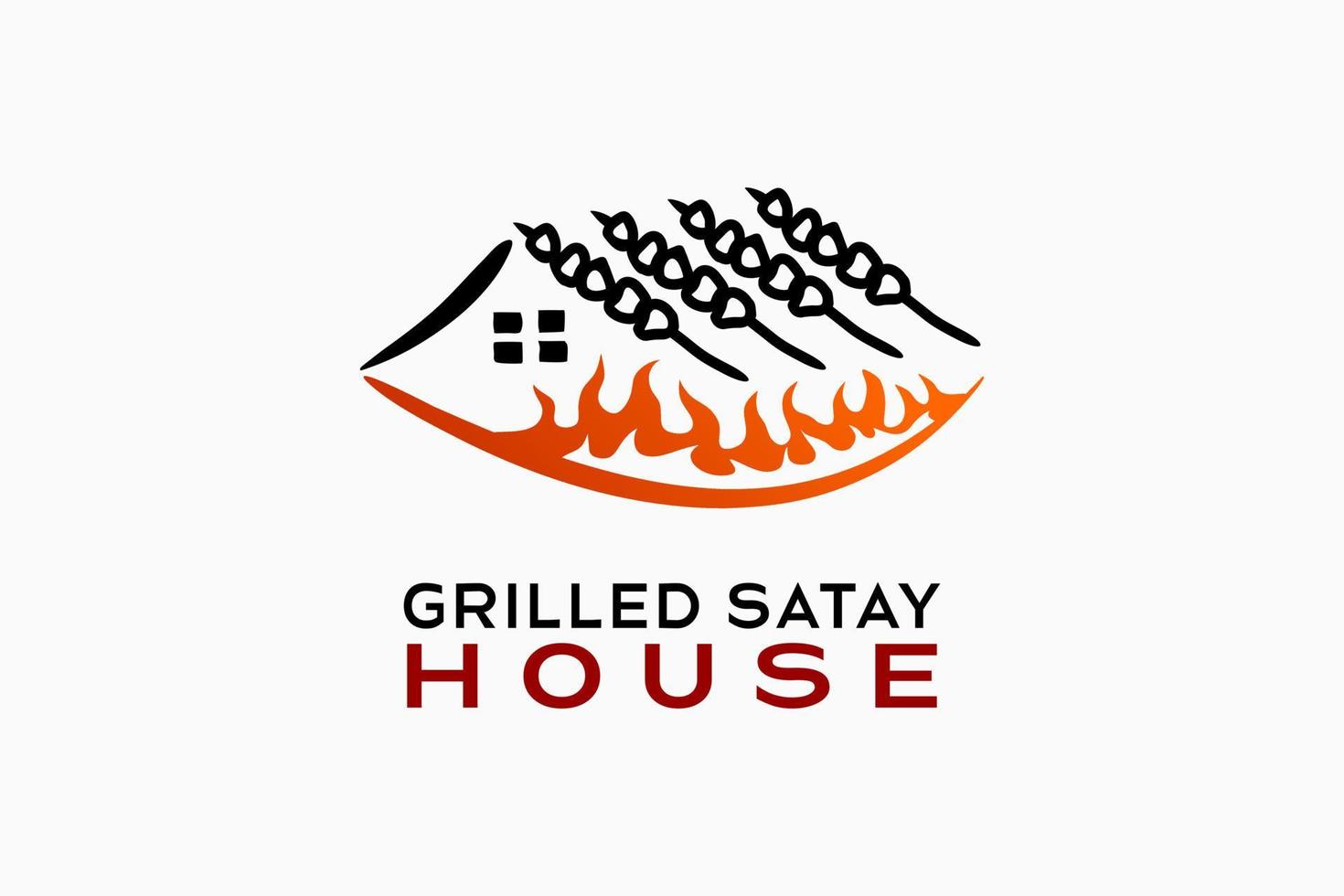 Gegrilltes Sate House-Logo-Design mit einem kreativen, handgezeichneten Konzept. Satay-Symbol mit Feuersymbol in Form eines Hauses. logoillustration für gegrilltes fleischrestaurant vektor