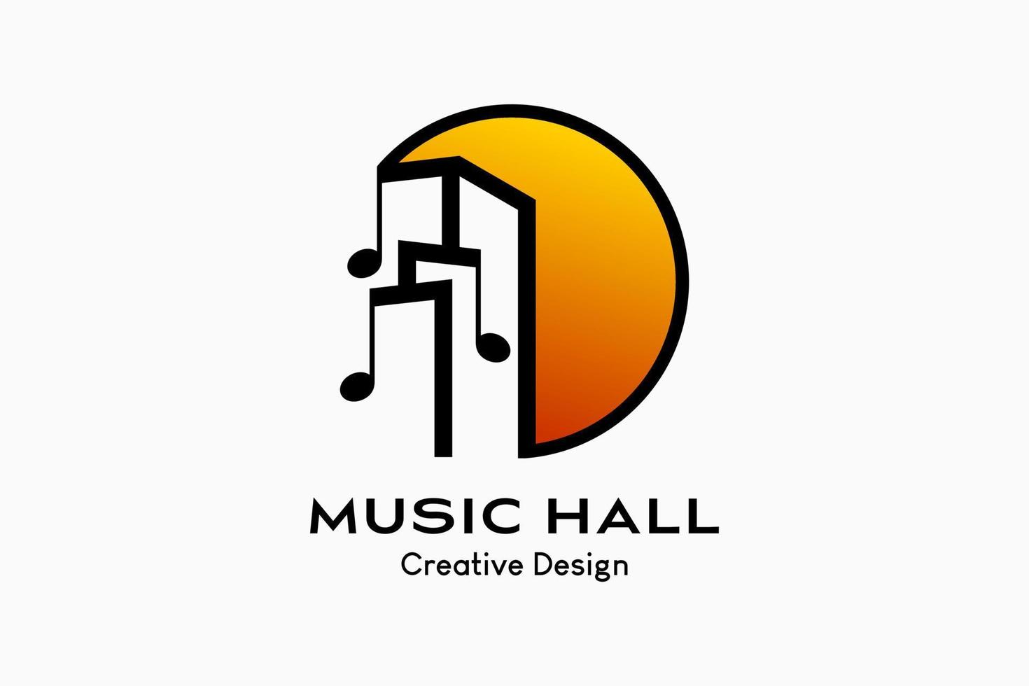 logotyp design av en musik byggnad eller musik hus, byggnad eller hus med en linje konst begrepp kombinerad med en tona ikon och en Sol eller måne ikon. vektor premie