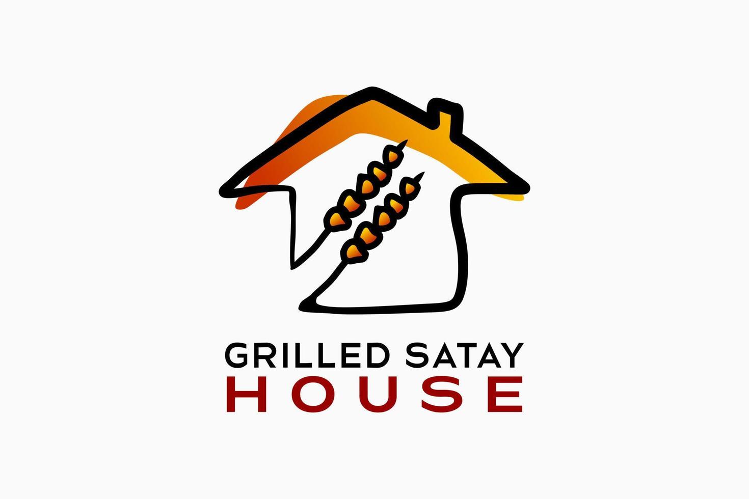 Gegrilltes Sate House-Logo-Design mit einem kreativen, handgezeichneten Konzept. Das Saté-Symbol verschmilzt mit dem Haussymbol. logoillustration für gegrilltes fleischrestaurant vektor