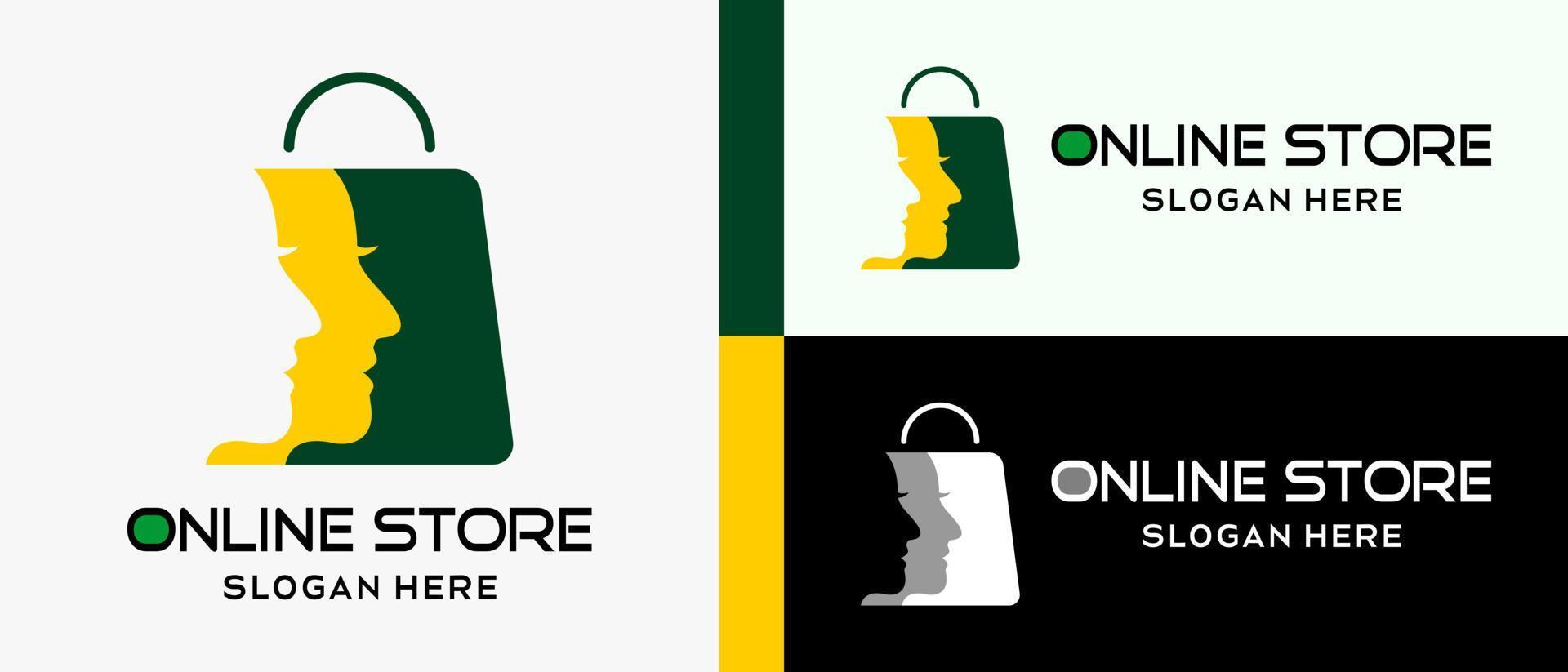 Online-Shopping oder Online-Beauty-Shop-Logo-Design-Vorlage mit Einkaufstaschen in modernen und kreativen Frauengesichts-Silhouette-Elementen. Premium-Online-Beauty-Shop-Logo-Illustrationsvektor vektor