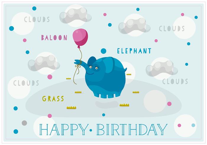 Free Happy Birthday Vektor Hintergrund mit Cute Elephant