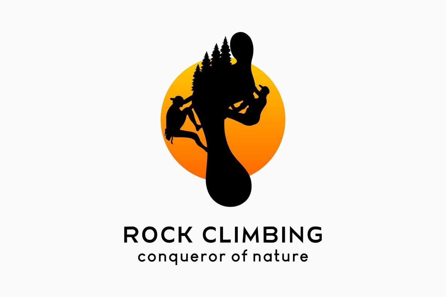 Kletterlogo-Design, Silhouetten von Menschen, die Klippen erklimmen, und Silhouetten menschlicher Fußabdrücke, die sich in Punkten mit der Natur vermischen vektor