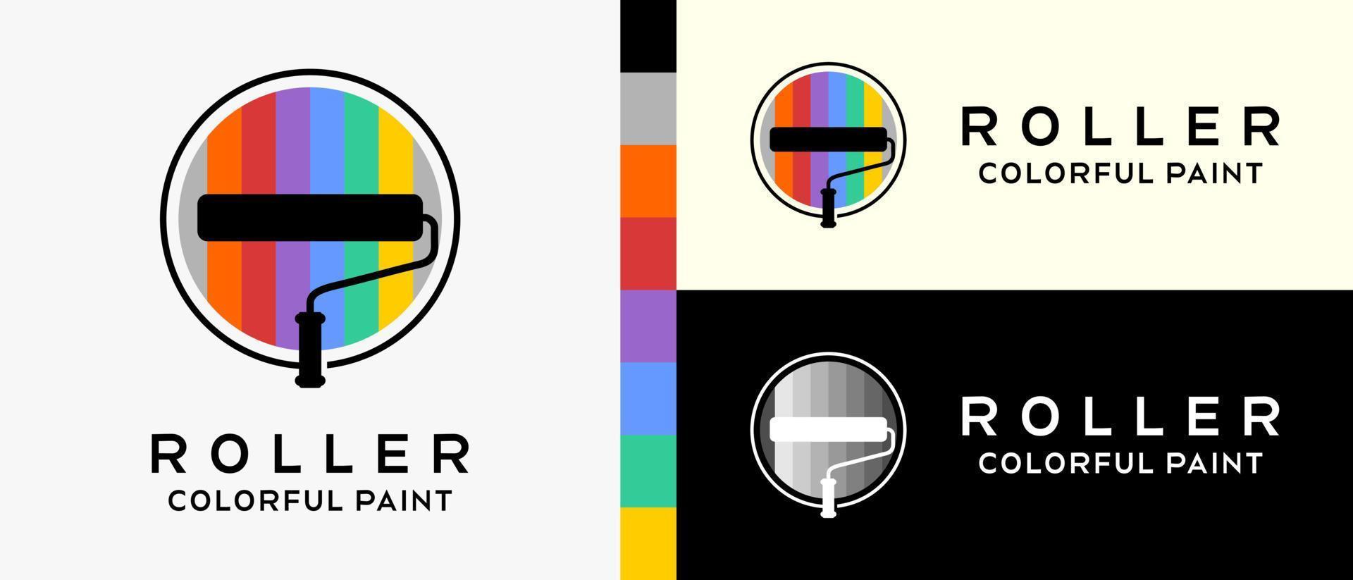 modern vägg måla logotyp design mall. silhuett av en vält borsta i en regnbåge Färg stil i en cirkel. premie vektor