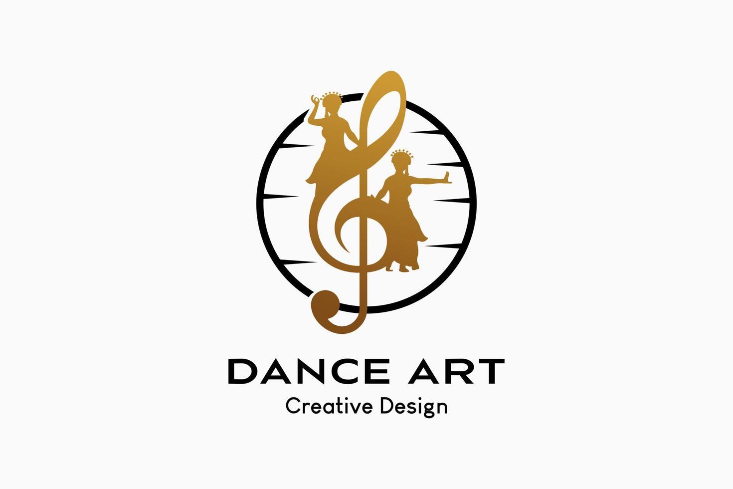 Tanzmusik-Logo-Design mit kreativem Konzept, Tonsymbol mit Silhouette einer tanzenden Frau, die sich mit der Natur vermischt. Vektor Prämie