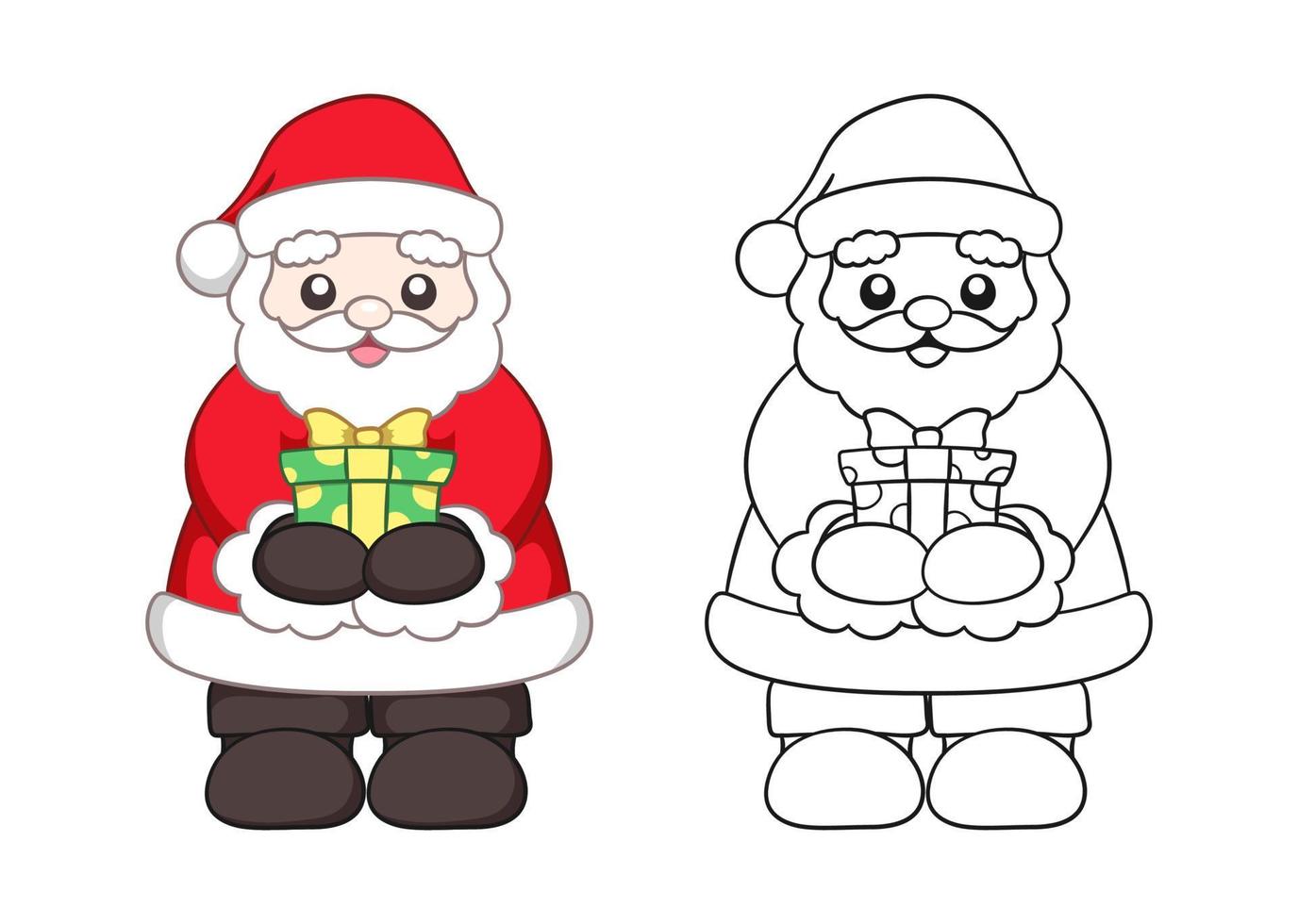 Lycklig santa claus innehav ut och ger en jul närvarande tecknad serie. färgad och översikt uppsättning. färg bok sida tryckbar aktivitet kalkylblad för ungar. vektor